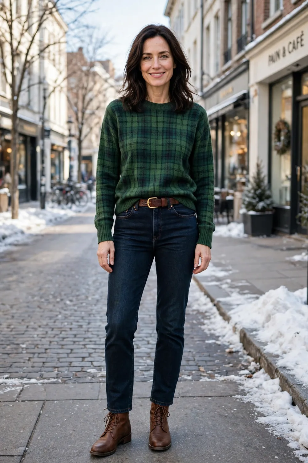 Green plaid sweater tucked into dark straight jeans with brown ankle boots