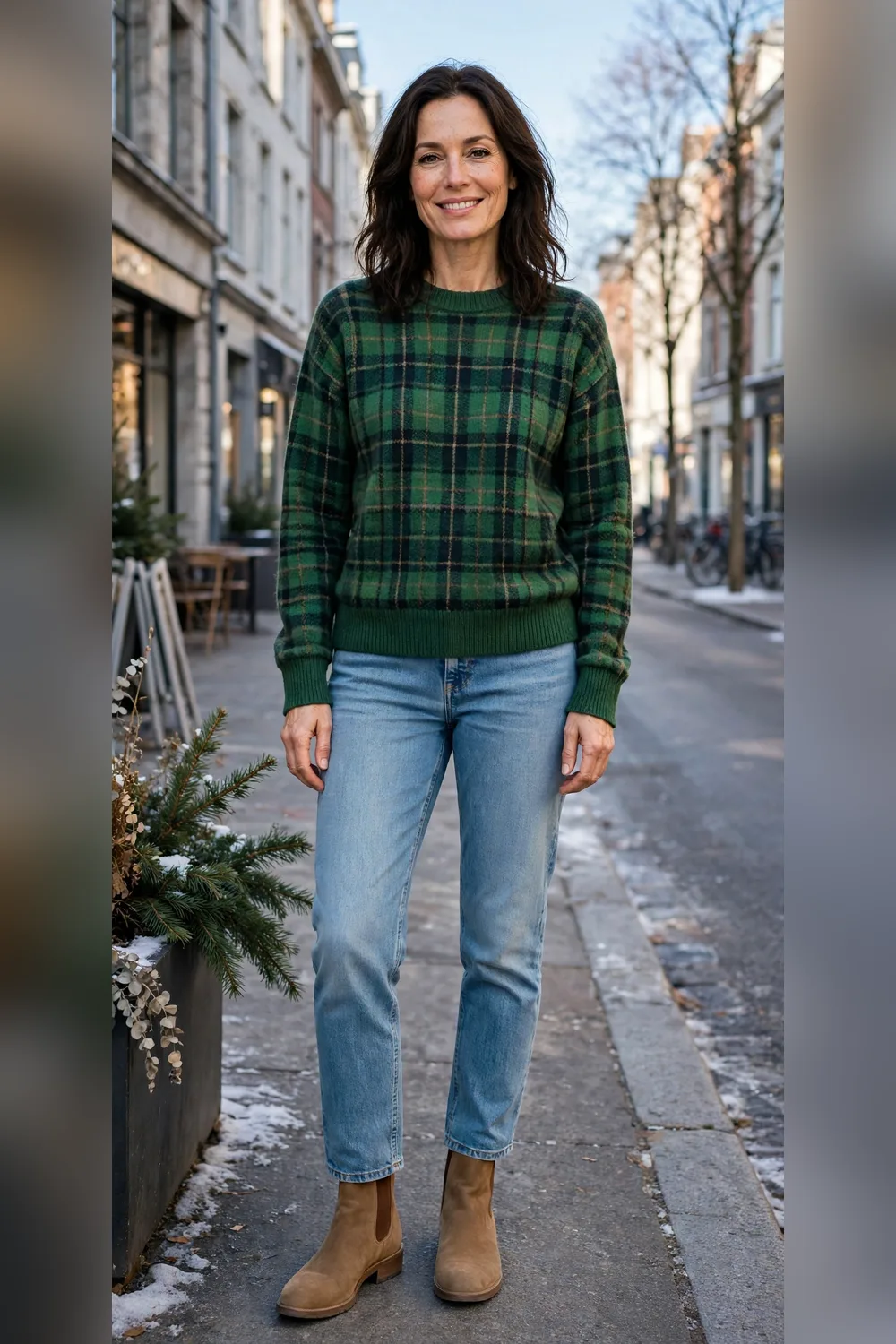 Green plaid sweater with light-wash straight jeans and tan ankle boots