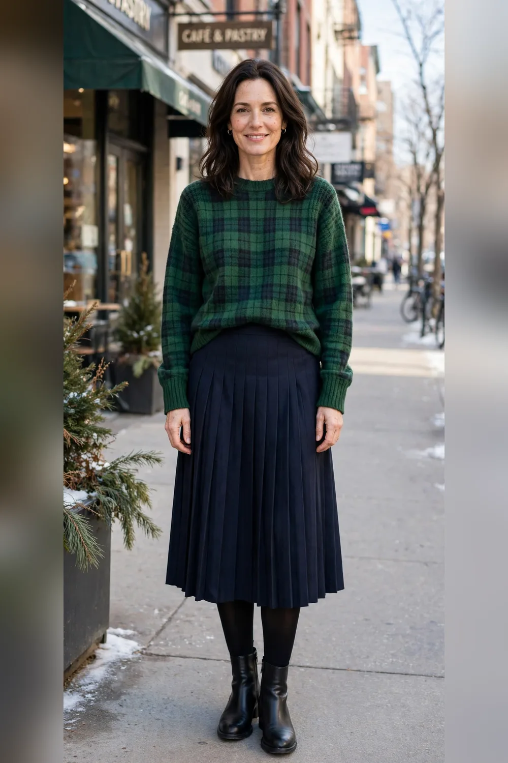 Green plaid sweater with pleated midi skirt outfit over 40