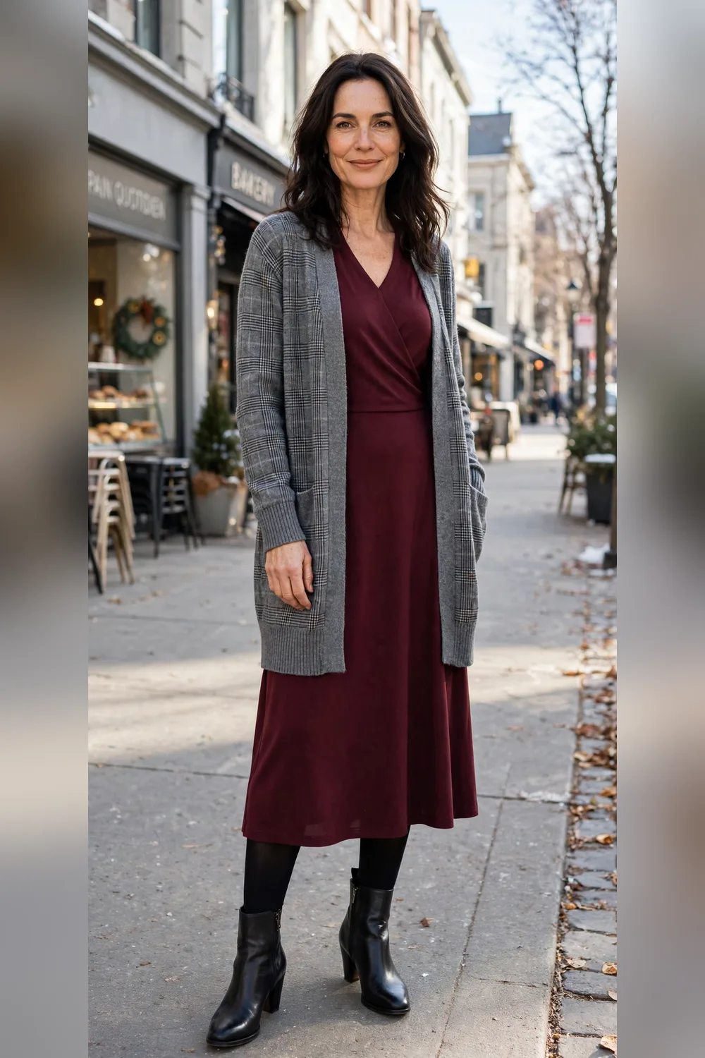 Grey plaid cardigan with burgundy midi dress outfit over 40