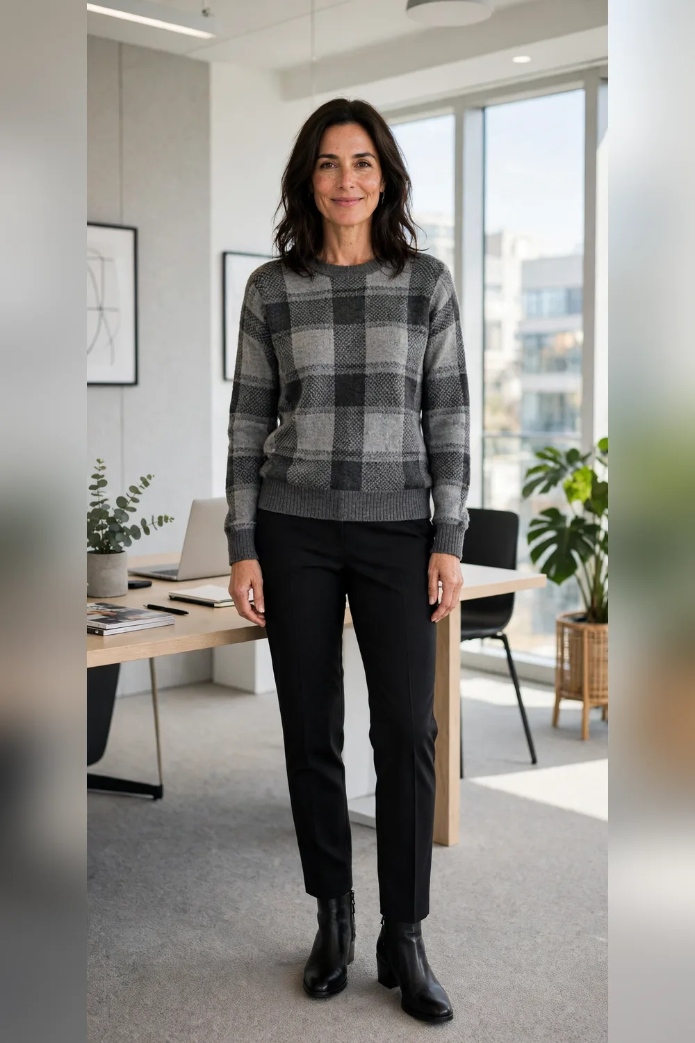 Grey plaid sweater with black trousers work outfit over 40