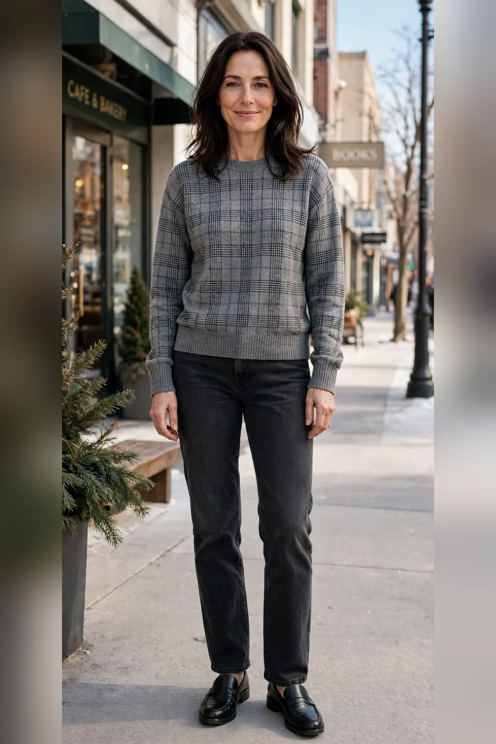 Grey plaid sweater with charcoal straight jeans and black loafers