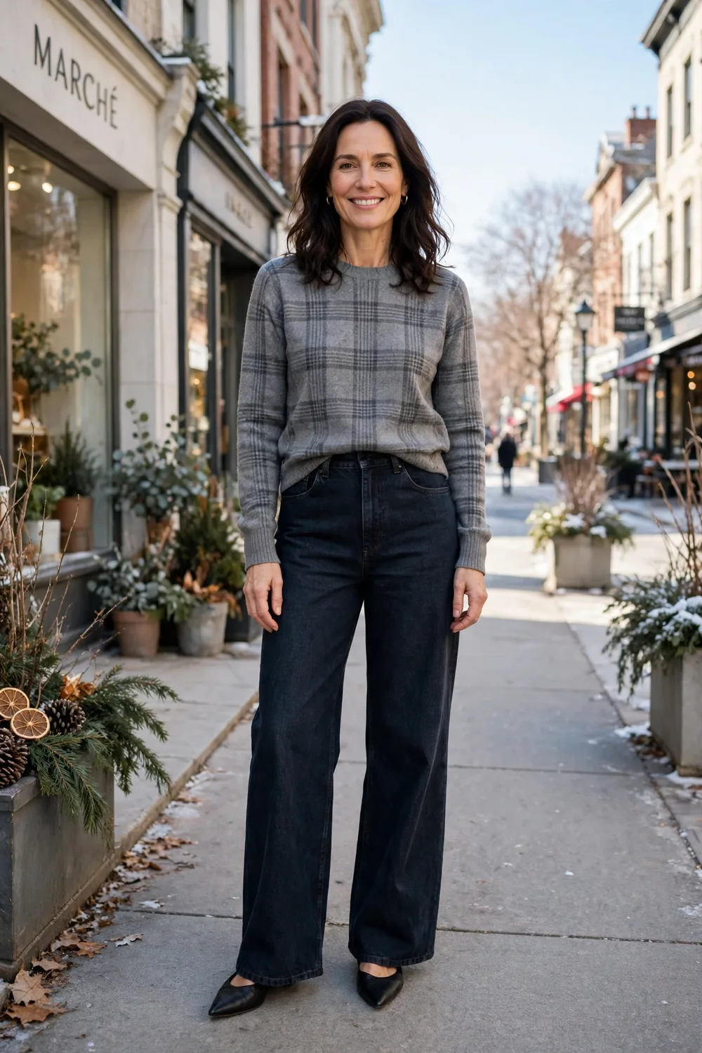 Grey plaid sweater with dark wide-leg jeans and black pointed flats