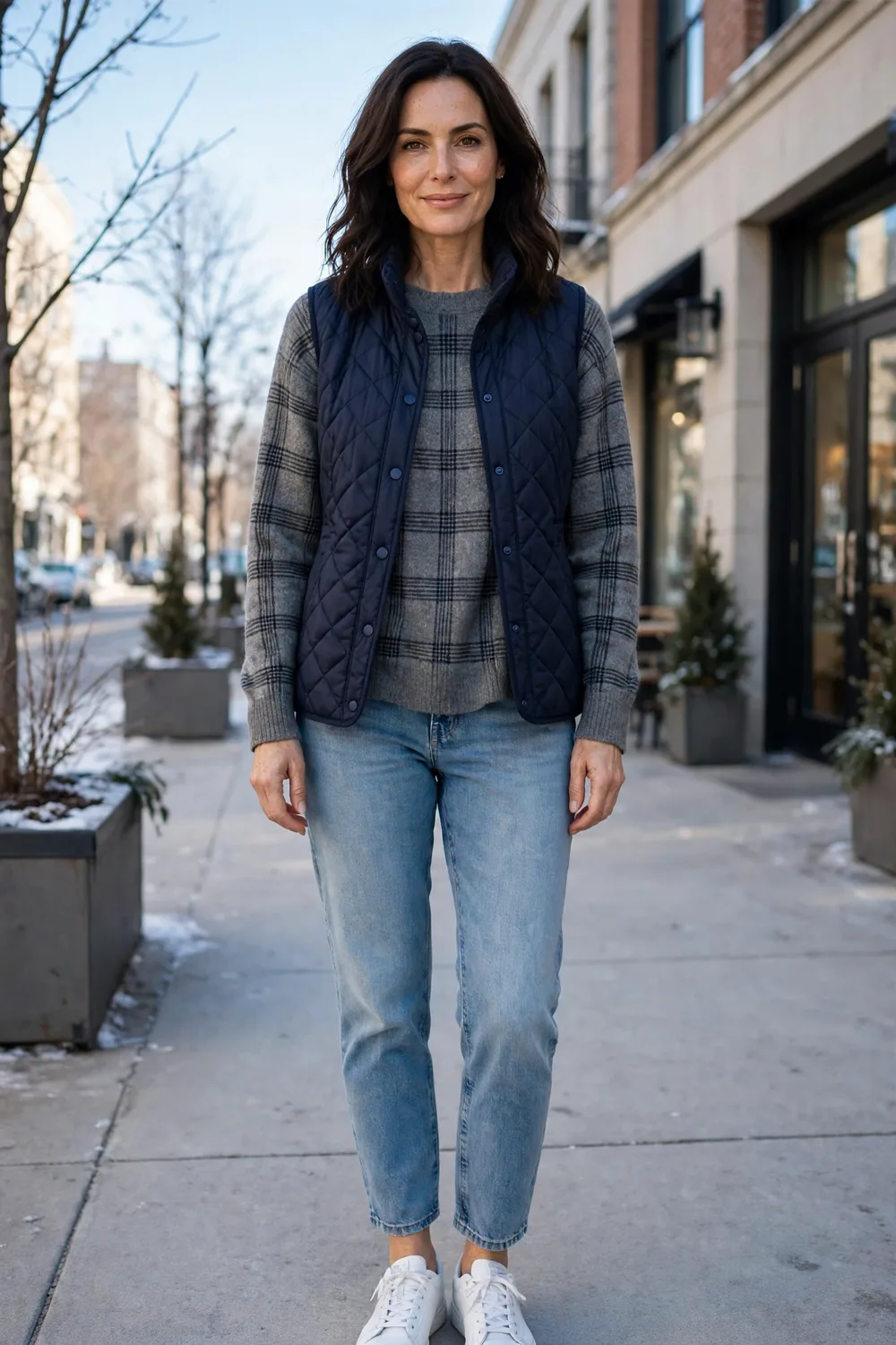 Grey plaid sweater with light-wash boyfriend jeans and white sneakers