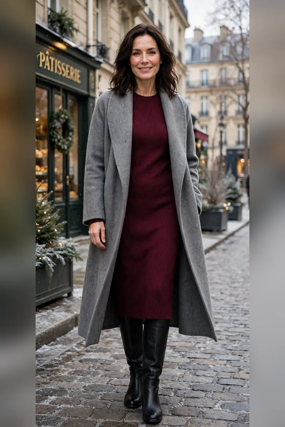 Woman in her 40s wearing a belted wool coat over a knit dress with knee boots