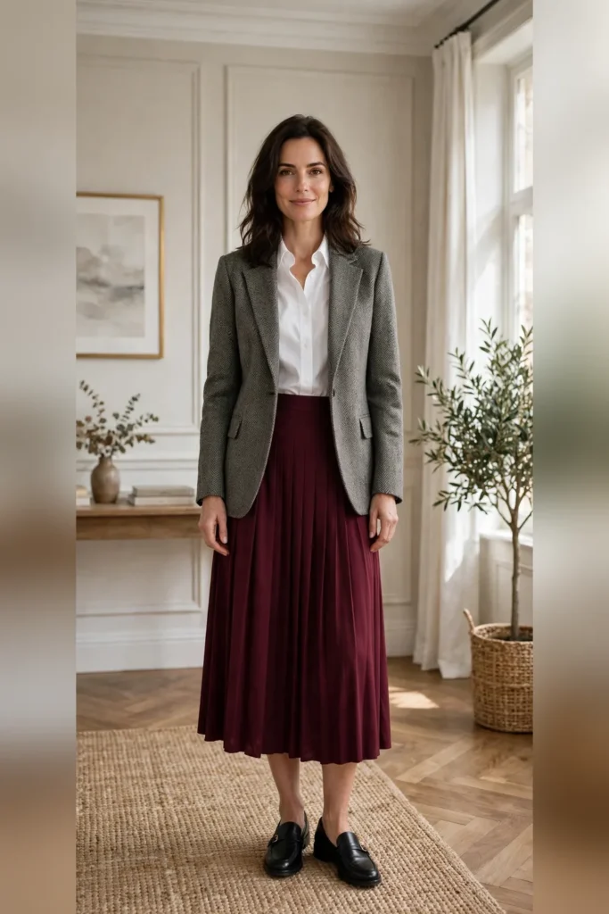 Woman in her 30s wearing a gray herringbone blazer with a white button-down and burgundy midi skirt.