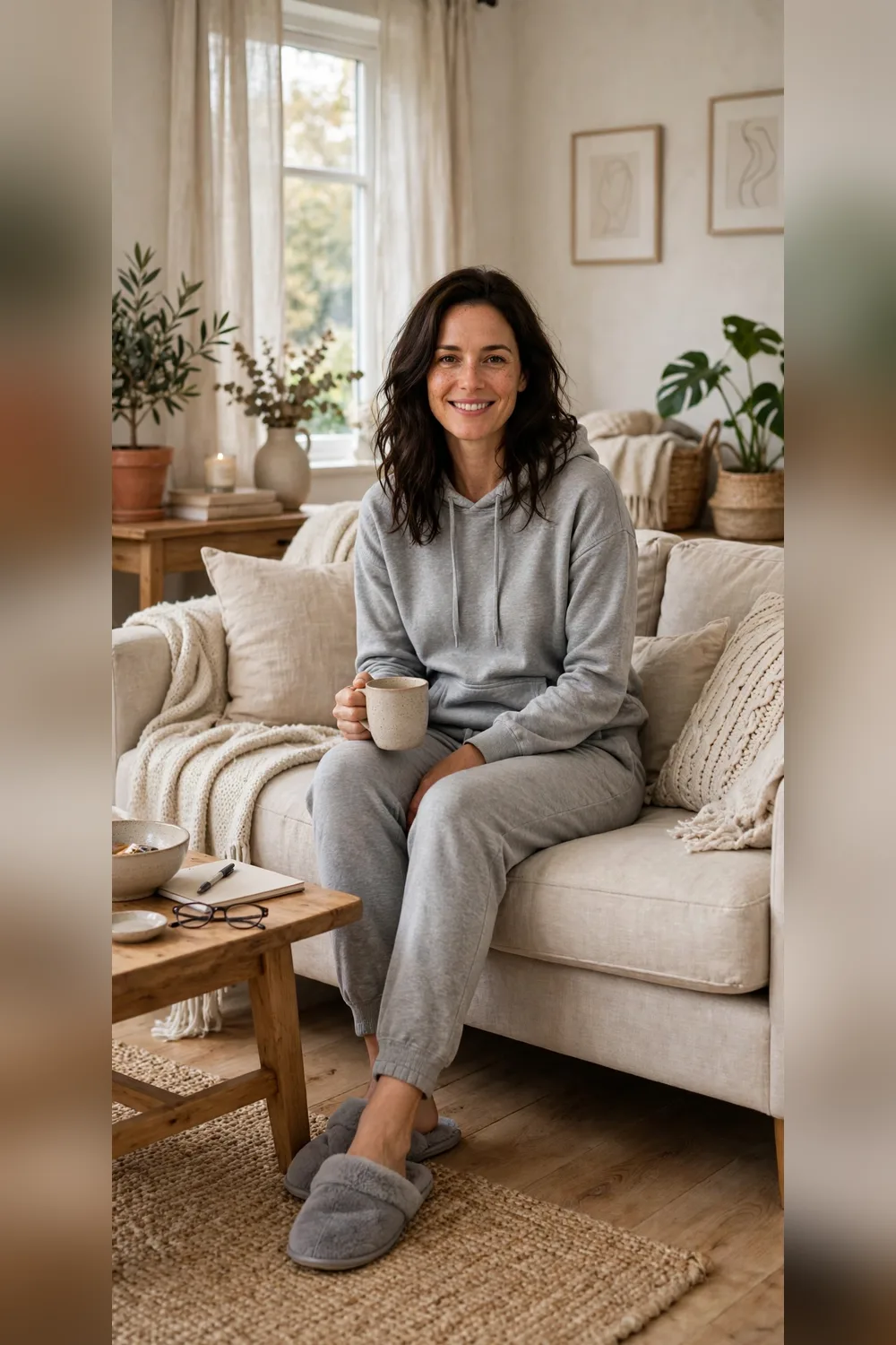 Mom loungewear at home grey set on sofa