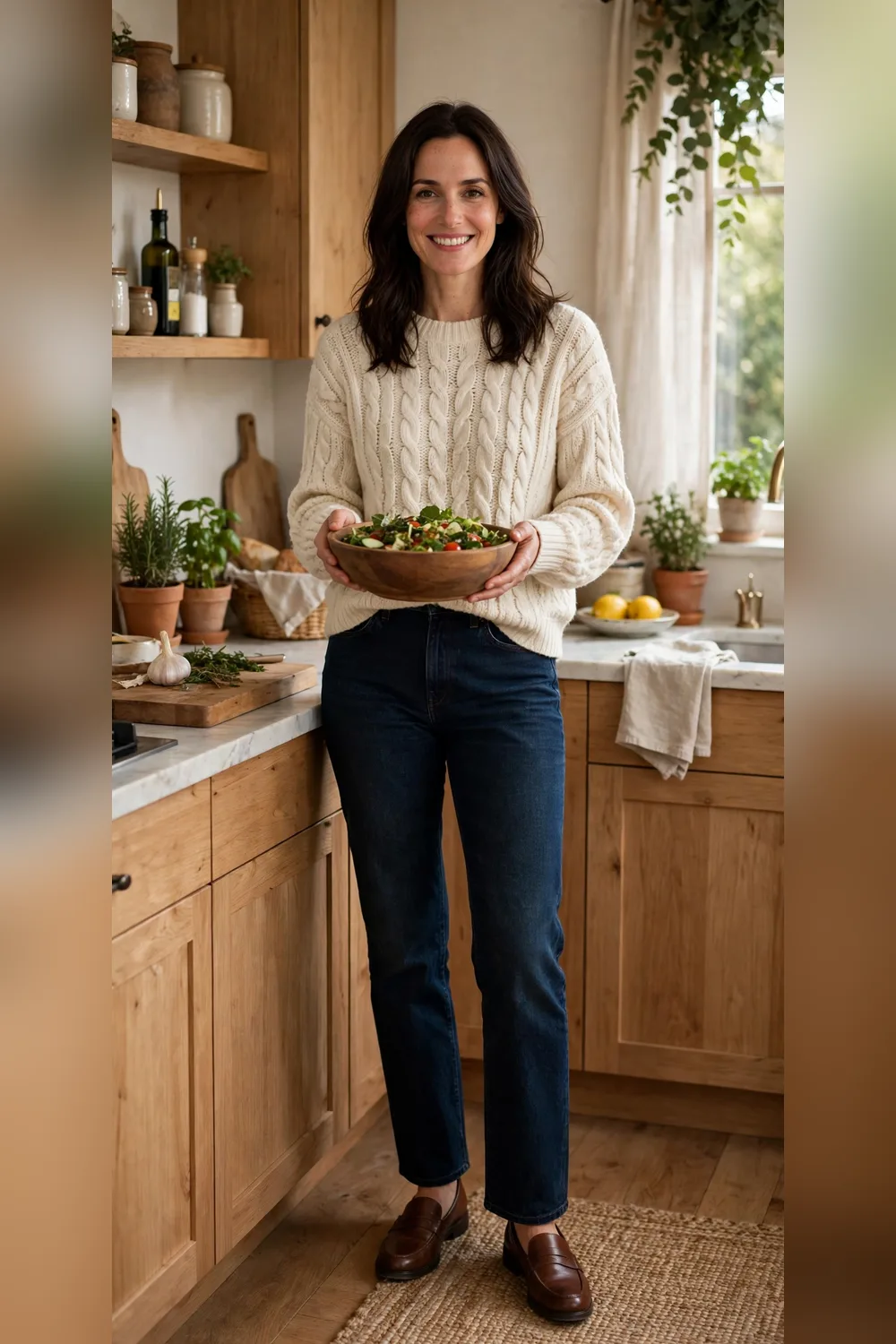 Woman in her 30s wearing a cream knit sweater and dark jeans with loafers, serving food in a warm kitchen