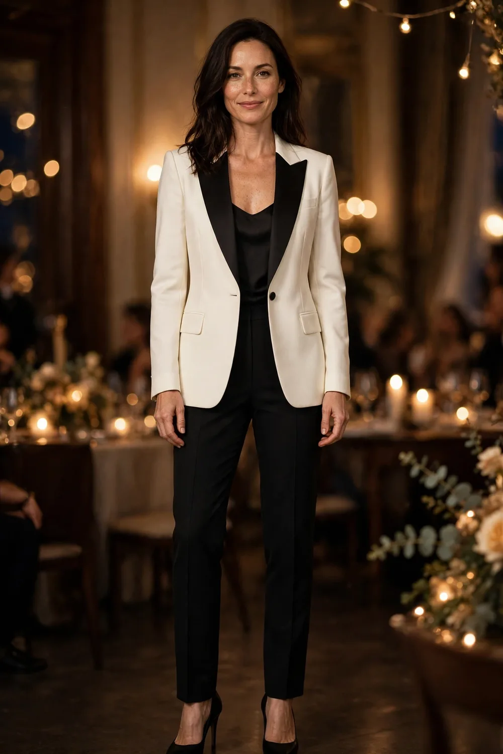Ivory tuxedo blazer with black trousers New Year's Eve outfit 30s