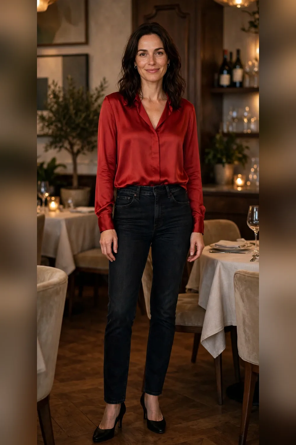 Dark jeans with red blouse Valentine's casual date outfit