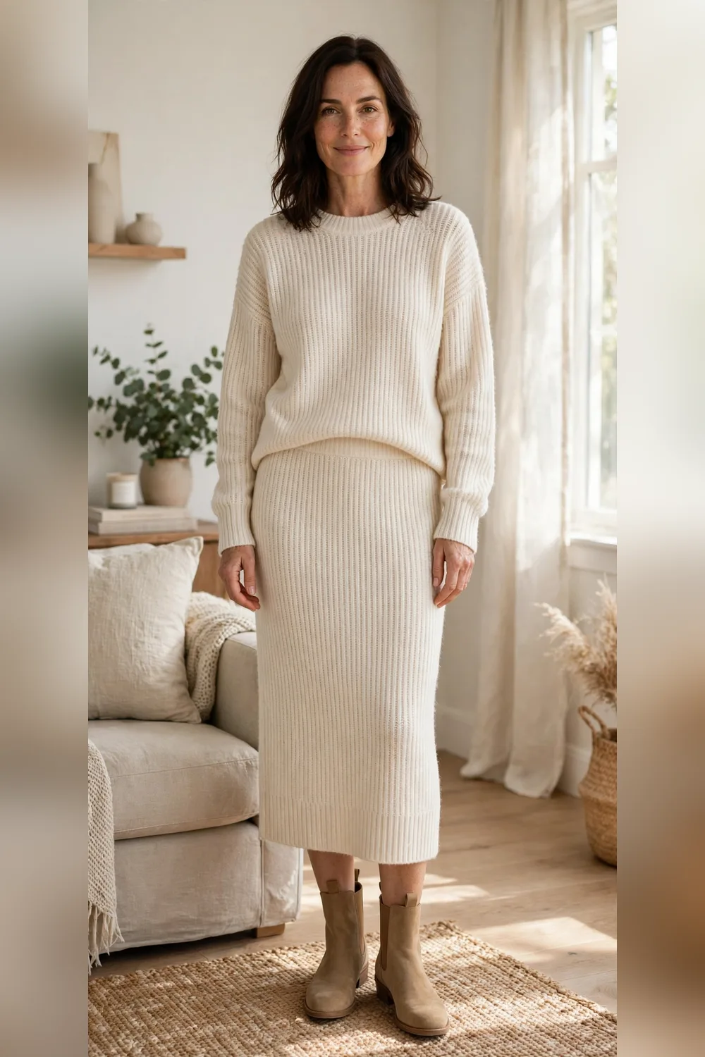 Woman in her 40s wearing a matching knit sweater and midi skirt set