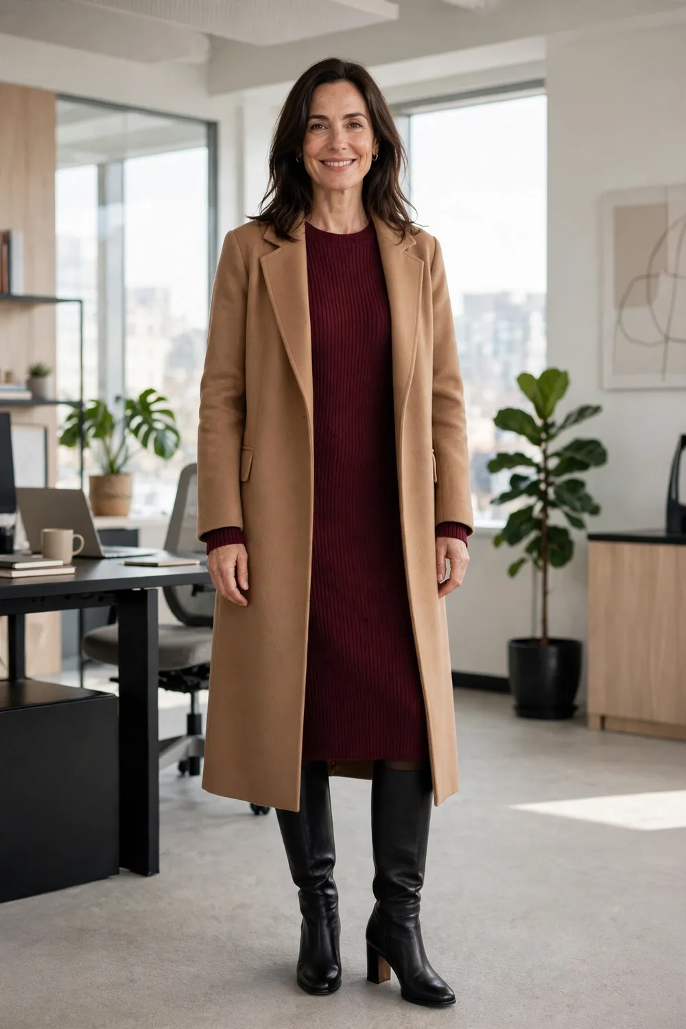 Winter capsule formula look burgundy knit dress with knee-high boots and long coat