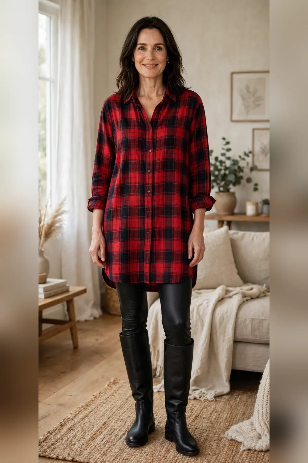 Woman in her 40s wearing leather-look leggings with a long plaid shirt and knee boots