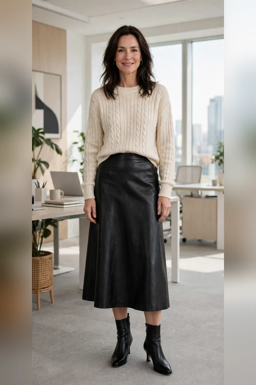 Black leather midi skirt with soft knit sweater work outfit