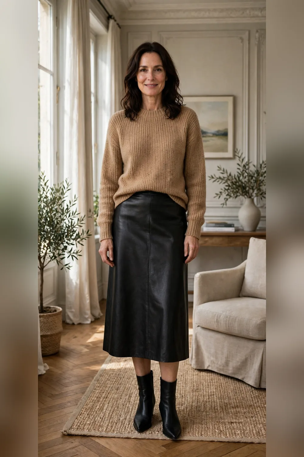 Woman in her 40s wearing a black leather midi skirt with a camel sweater