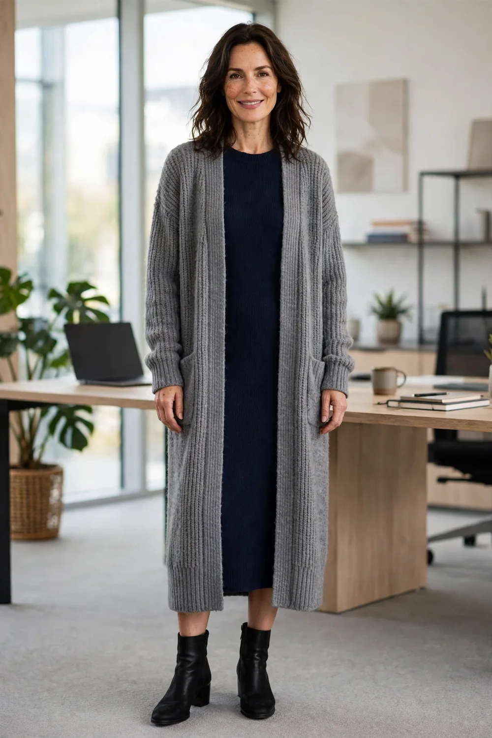 Long cardigan over dress work outfit for women over 40