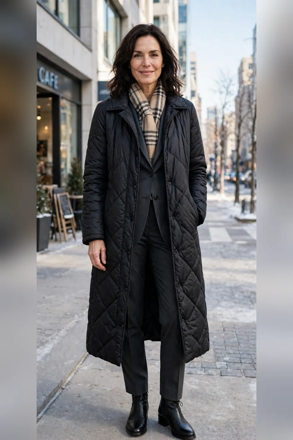 Long puffer coat over tailored suit work outfit for women over 40