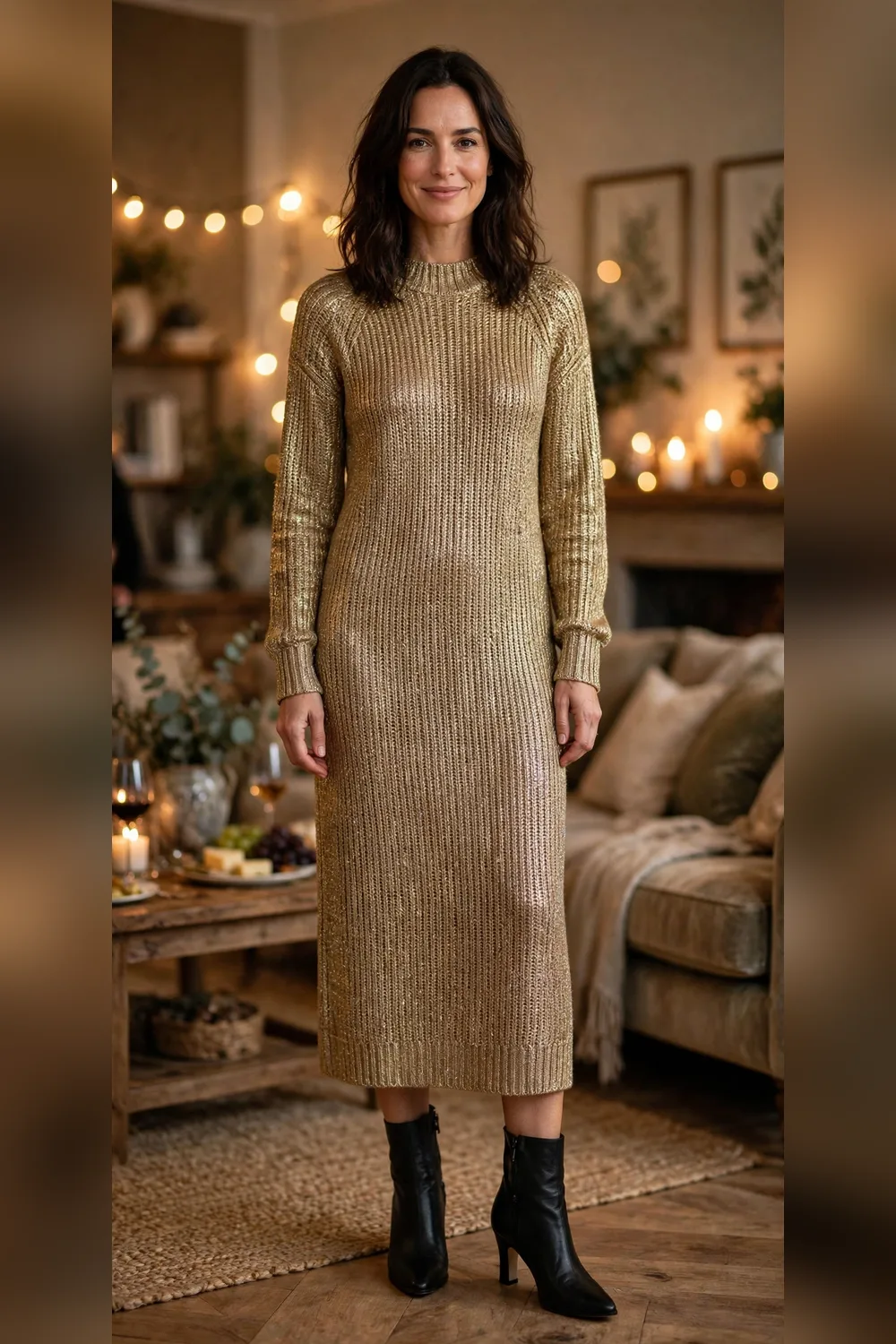 Metallic knit sweater dress New Year's Eve house party outfit 30s
