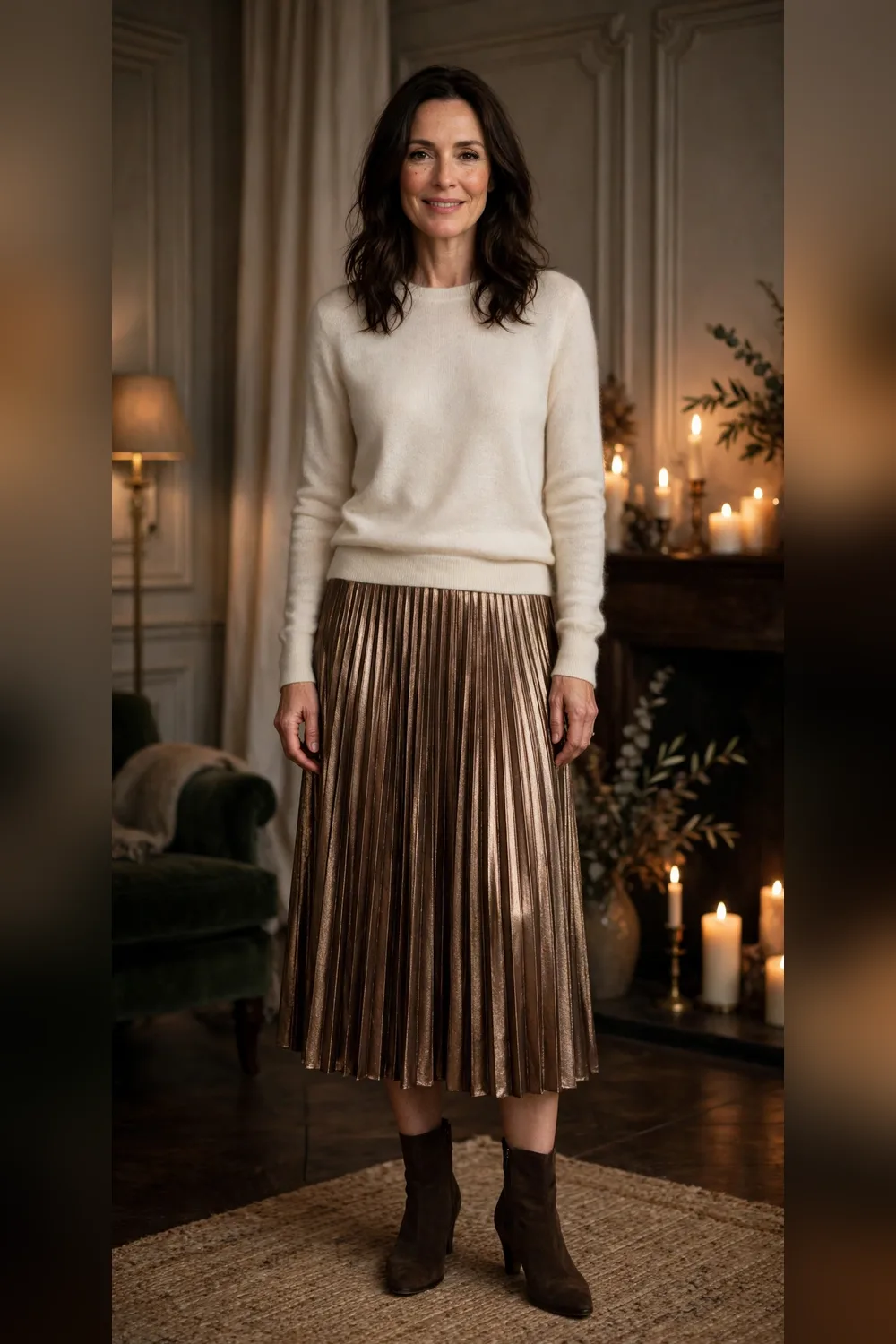 Bronze metallic pleated skirt with cream cashmere sweater Christmas outfit