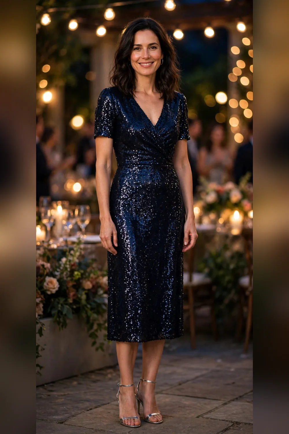Midnight blue sequin midi dress New Year's Eve outfit for women in their 30s