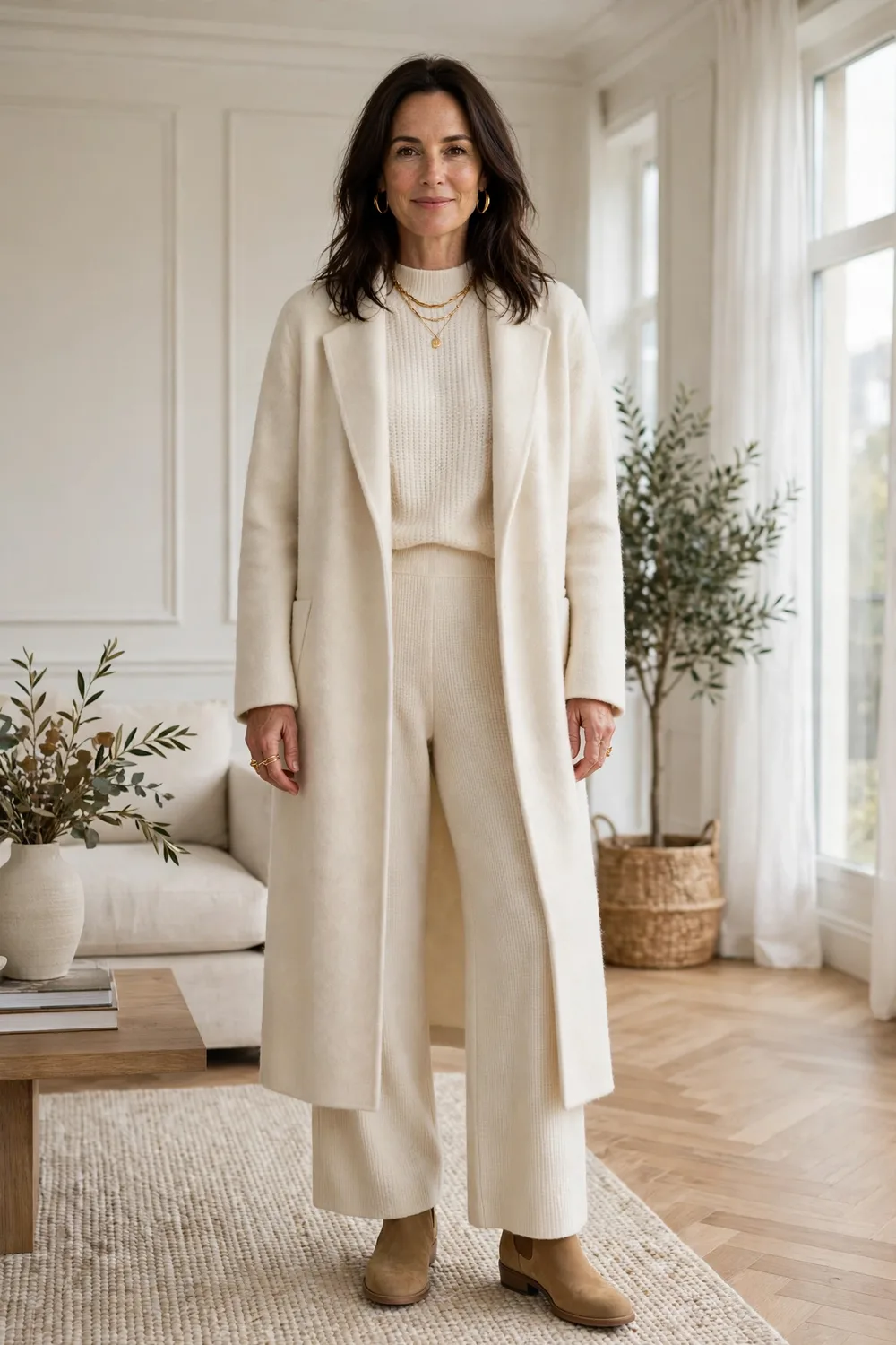 Woman in her 40s wearing a monochrome cream knit outfit with a long coat