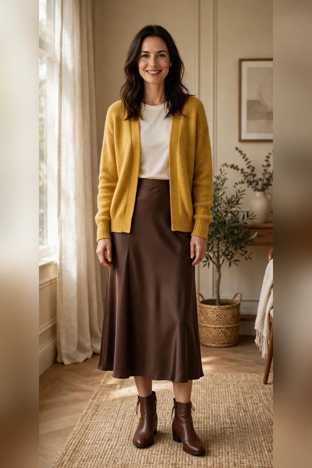 Woman in her 30s wearing a mustard cardigan over a chocolate satin midi skirt with ankle boots