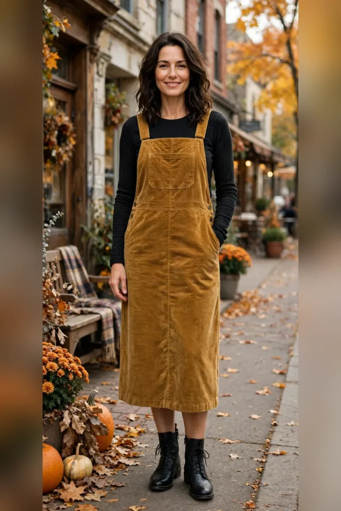 Woman in her 30s wearing a mustard corduroy pinafore dress over a black long-sleeve tee and ankle boots.