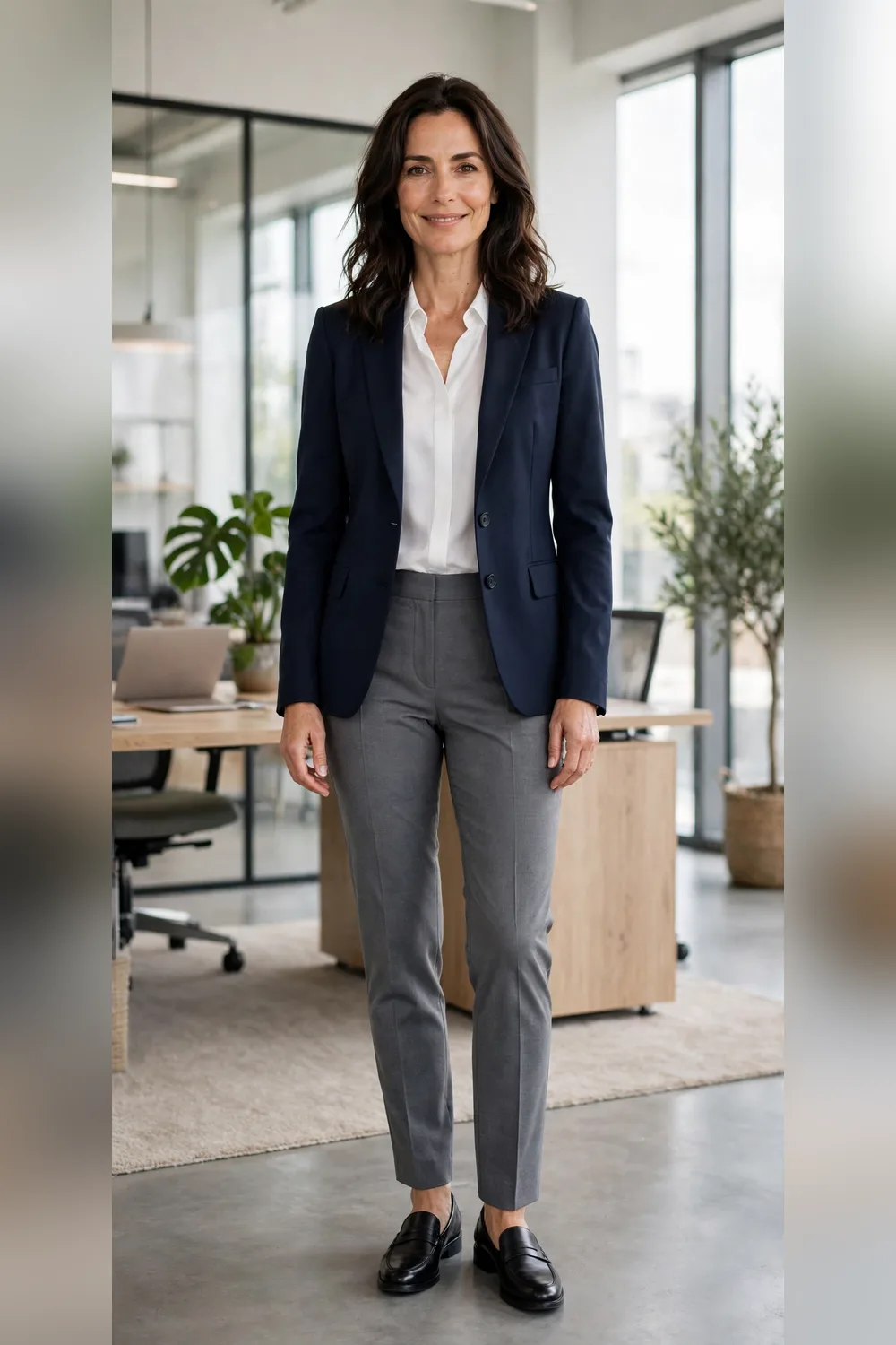 Navy blazer with grey wide-leg trousers work outfit for women over 40