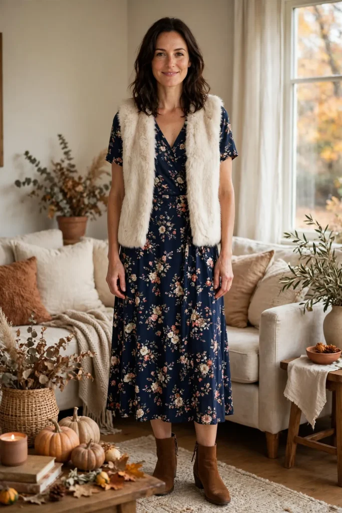 Woman in her 30s wearing a navy floral midi dress with a cream faux-fur vest, cozy layered fall look.