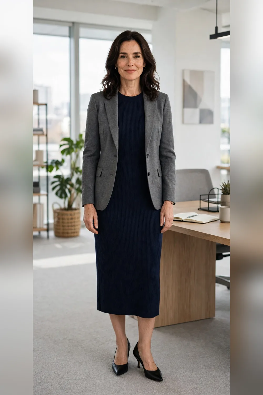 Navy knit dress with blazer work outfit for women over 40