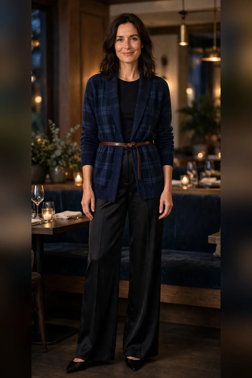 Navy plaid belted cardigan with black satin trousers outfit over 40