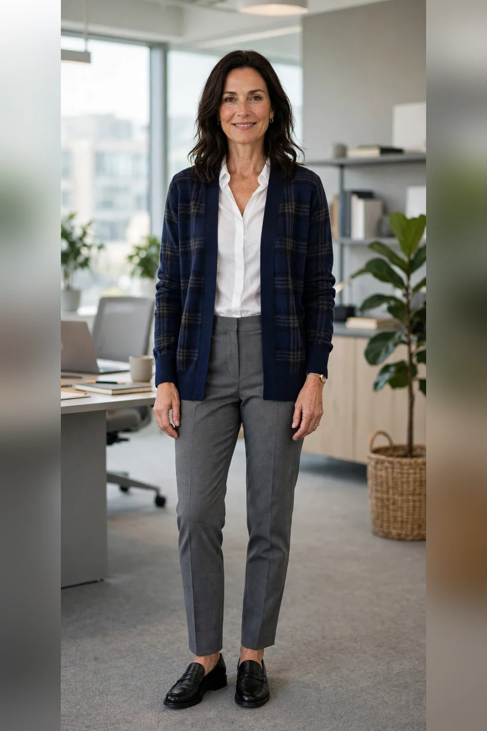 Navy plaid open cardigan with grey tailored trousers outfit over 40