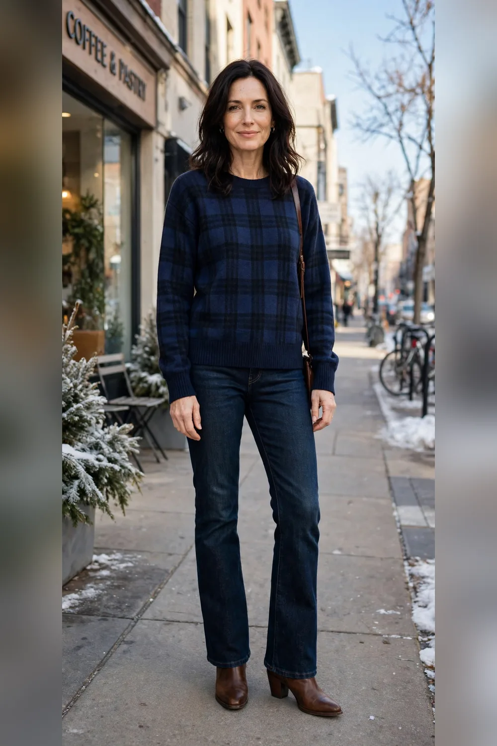 Navy plaid sweater with dark bootcut jeans and brown heeled boots
