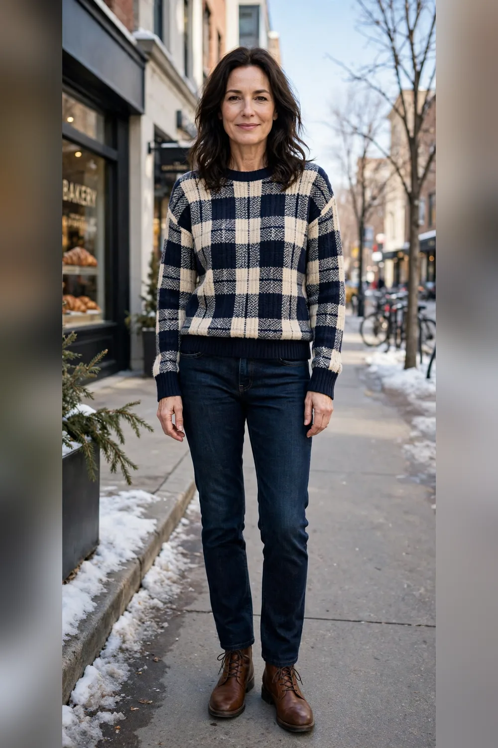 Navy plaid sweater with dark denim outfit over 40