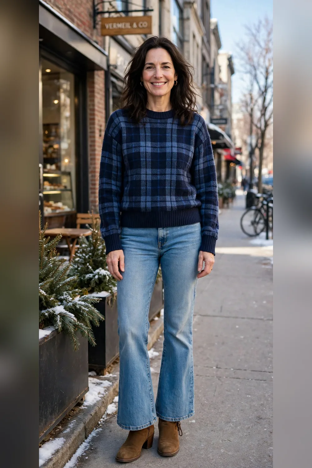 Navy plaid sweater with light-wash flare jeans and tan heeled boots