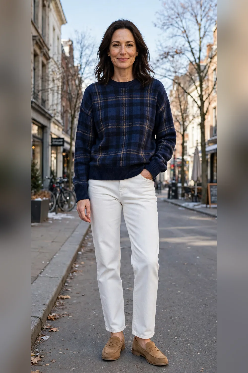 Navy plaid sweater with white straight jeans and tan loafers