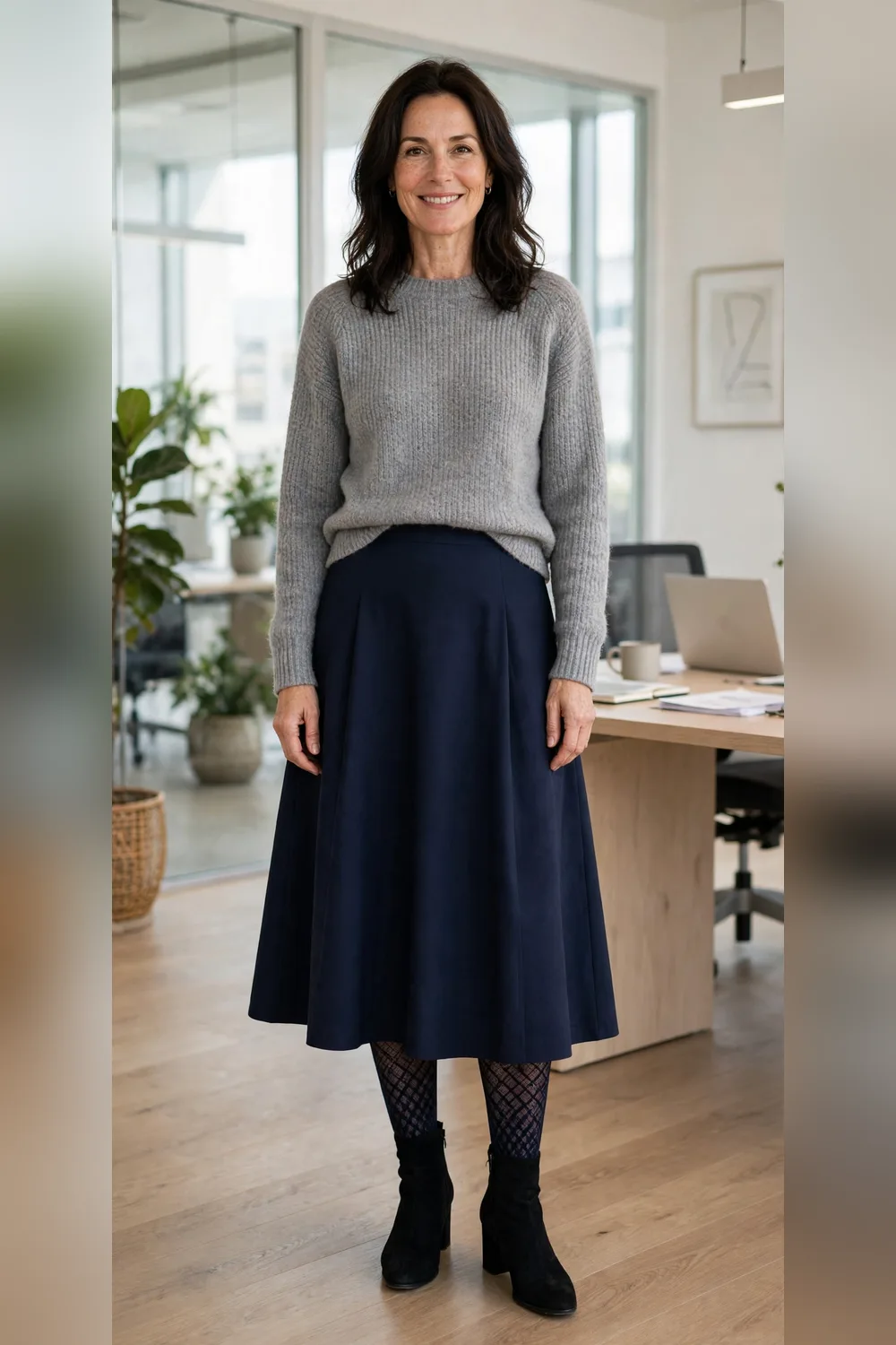 Navy A-line skirt with grey sweater and patterned tights work outfit