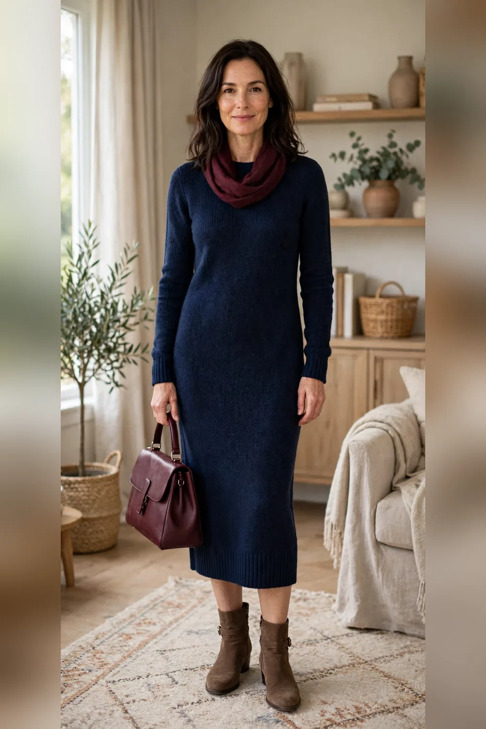 Woman in her 40s wearing a navy sweater dress with burgundy accessories