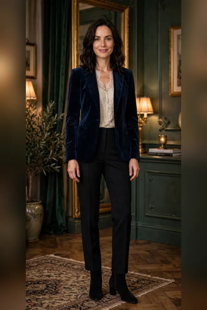 Woman in her 30s wearing a navy velvet blazer over a cream lace top with black tailored pants.