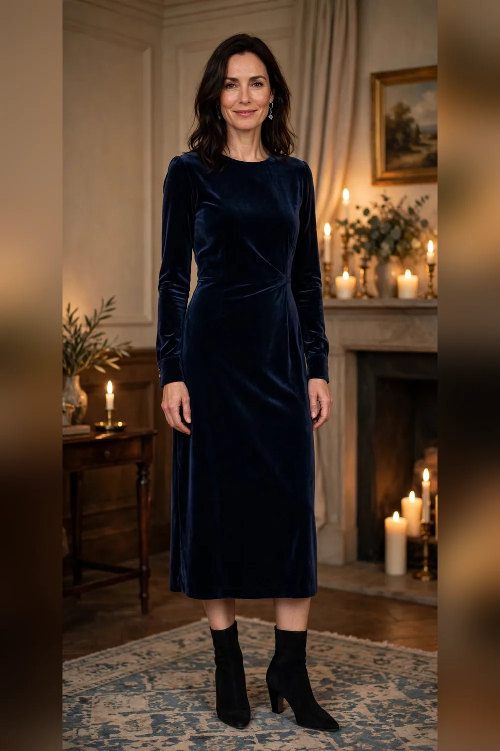 Navy velvet midi dress Christmas party look for women over 40