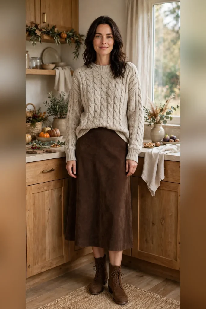 Woman in her 30s wearing an oatmeal cable-knit sweater and chocolate-brown suede midi skirt in a cozy kitchen, Thanksgiving decor.