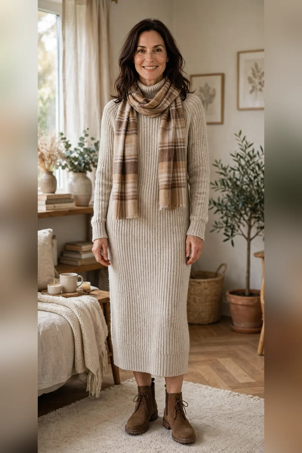 Woman in her 40s wearing an oatmeal sweater dress with a plaid scarf