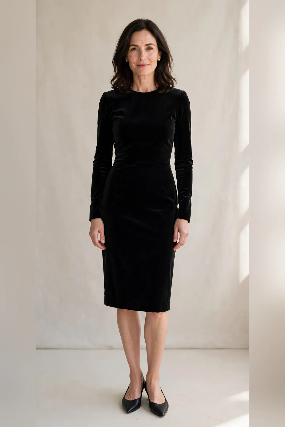 Black velvet dress with gold-tone studs for an office Christmas party