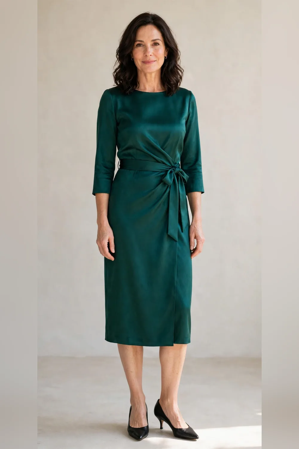 Emerald satin dress with black kitten heels for an office Christmas party