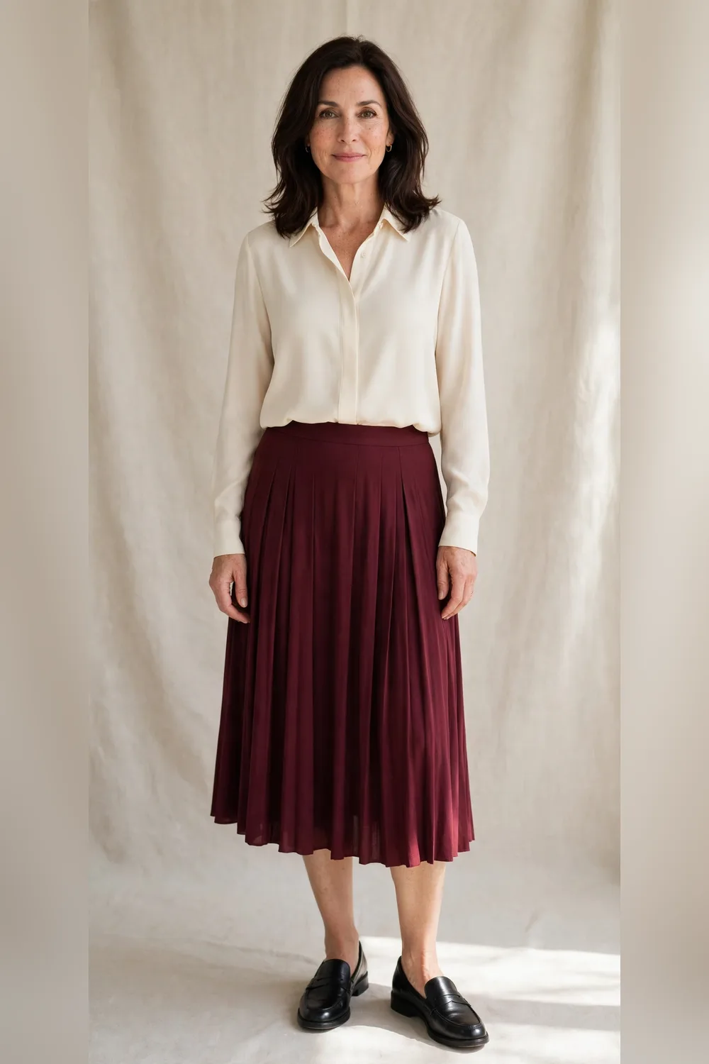 Burgundy pleated skirt with a cream blouse for an office Christmas party