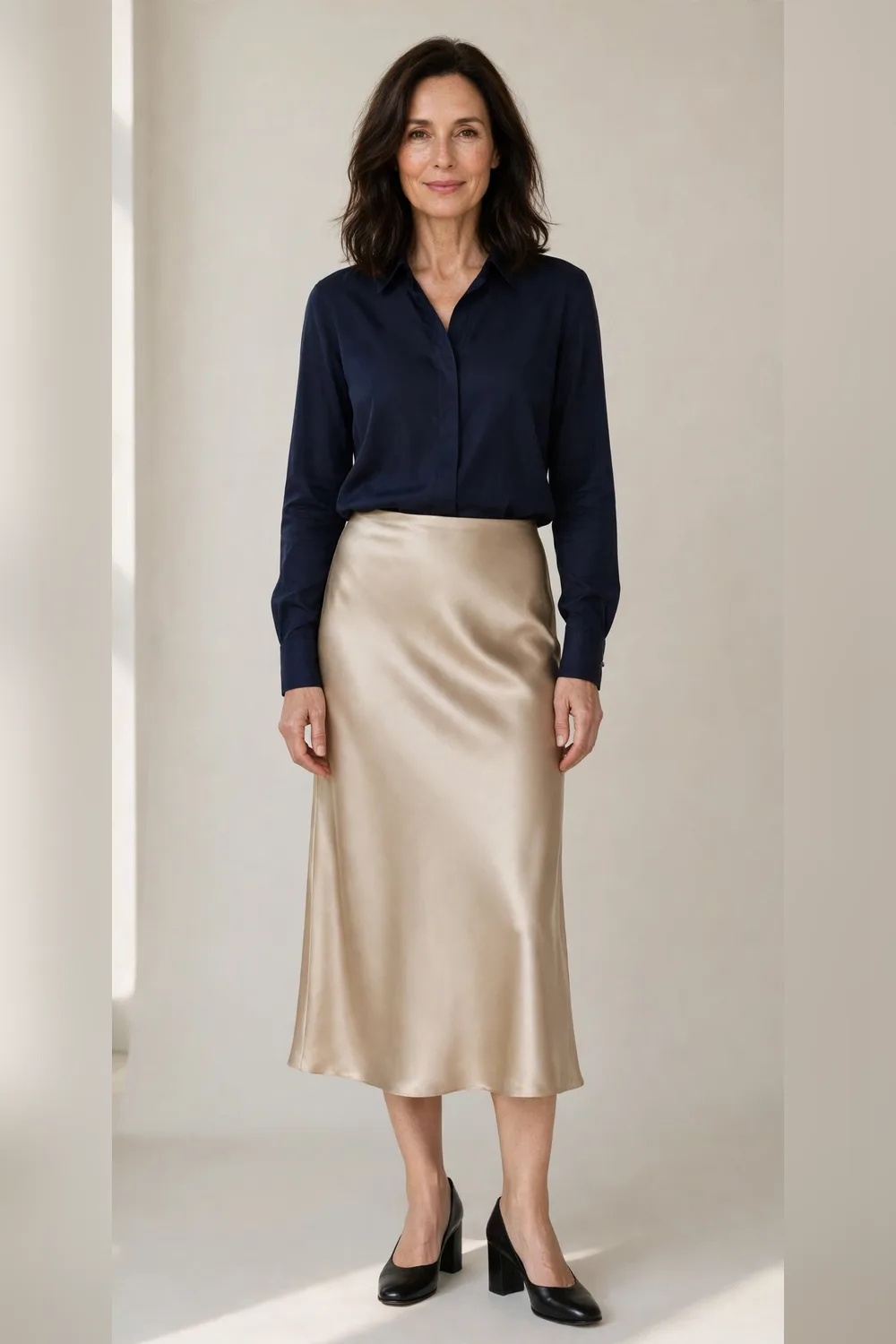 Champagne satin skirt with a navy blouse for an office Christmas party