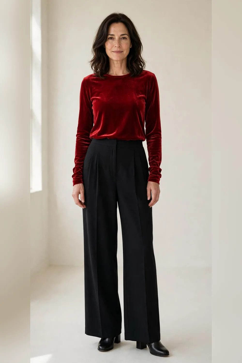 Black wide-leg trousers with a red velvet top for an office Christmas party