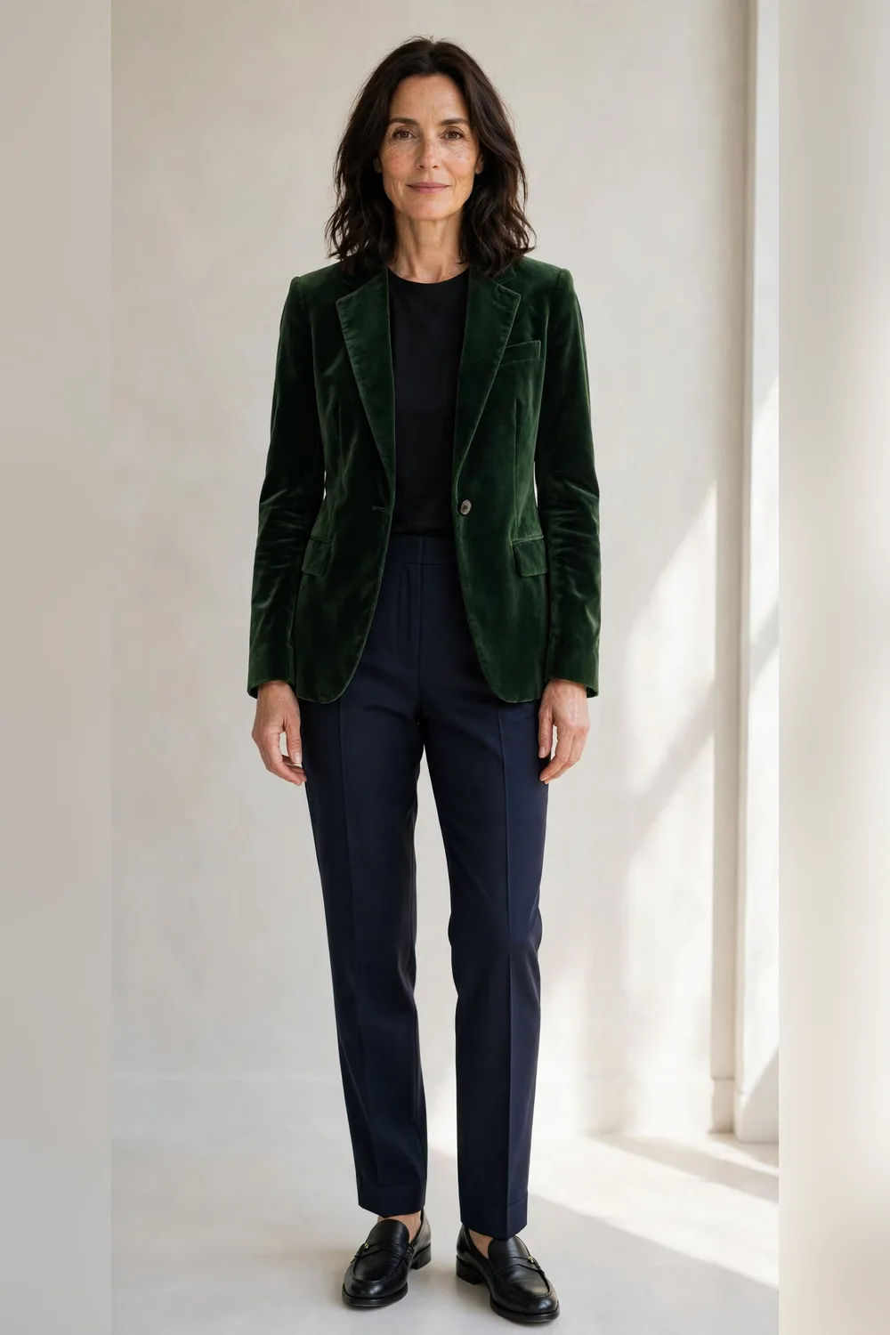 Navy tailored trousers with a green velvet blazer for an office Christmas party