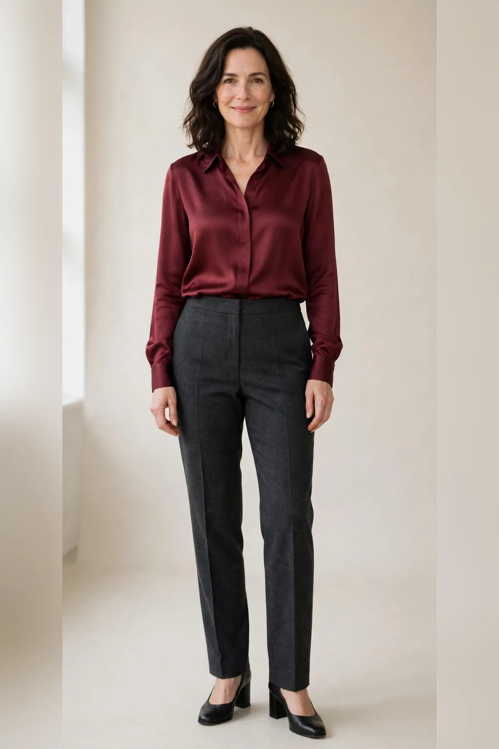 Charcoal trousers with a burgundy silk blouse for an office Christmas party