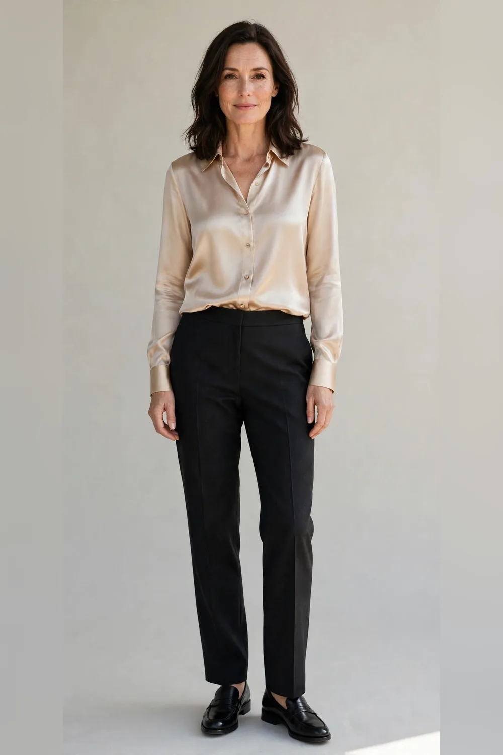 Dark straight trousers with a champagne satin blouse for an office Christmas party